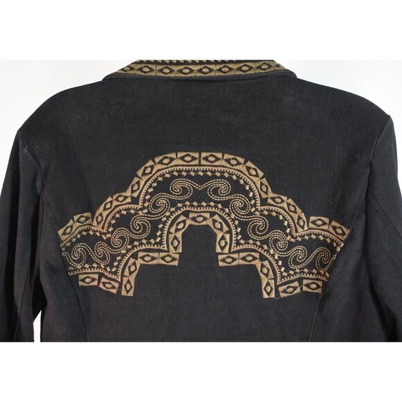 Paparazzi by Biz Black Long Denim Coat Embroidered w/ Gold Tan Intricate Design - Picture 10 of 10